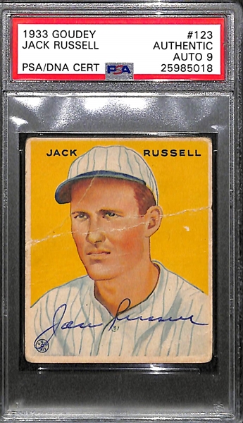 Signed 1933 Goudey Jack Russell #123 Graded PSA Authentic (Auto Grade 9), d. 1990
