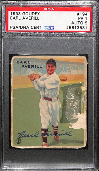 Signed 1933 Goudey Earl Averill (HOF) #194 Graded PSA 1 (Auto Grade 9), d. 1983