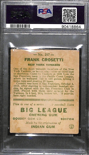 Signed 1933 Goudey Frank Crosetti #217 Graded PSA Authentic (Auto Grade 9), d. 2002 (17x WS Champion!)