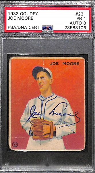 Signed 1933 Goudey Joe Jo-Jo Moore #231 Graded PSA 1 (Auto Grade 8), d. 2001