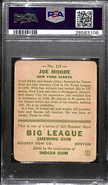 Signed 1933 Goudey Joe Jo-Jo Moore #231 Graded PSA 1 (Auto Grade 8), d. 2001