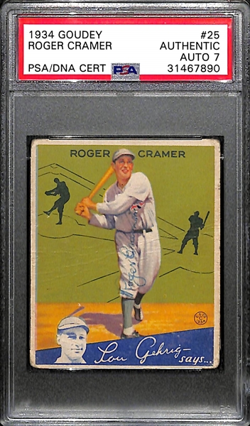 Signed 1934 Goudey Roger Cramer #25 Graded PSA Authentic (Auto Grade 7), d. 1990