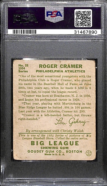 Signed 1934 Goudey Roger Cramer #25 Graded PSA Authentic (Auto Grade 7), d. 1990