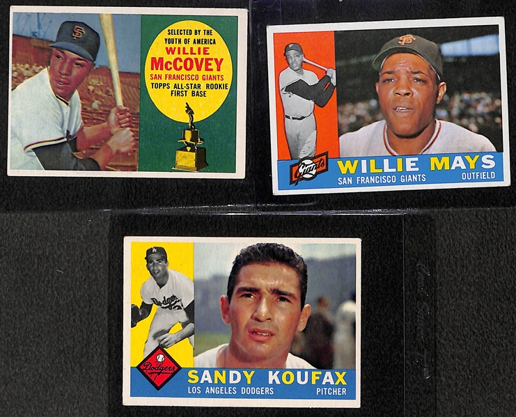 Lot of (3) 1960 Topps Cards (McCovey Rookie #316, Mays #200, Koufax #343)