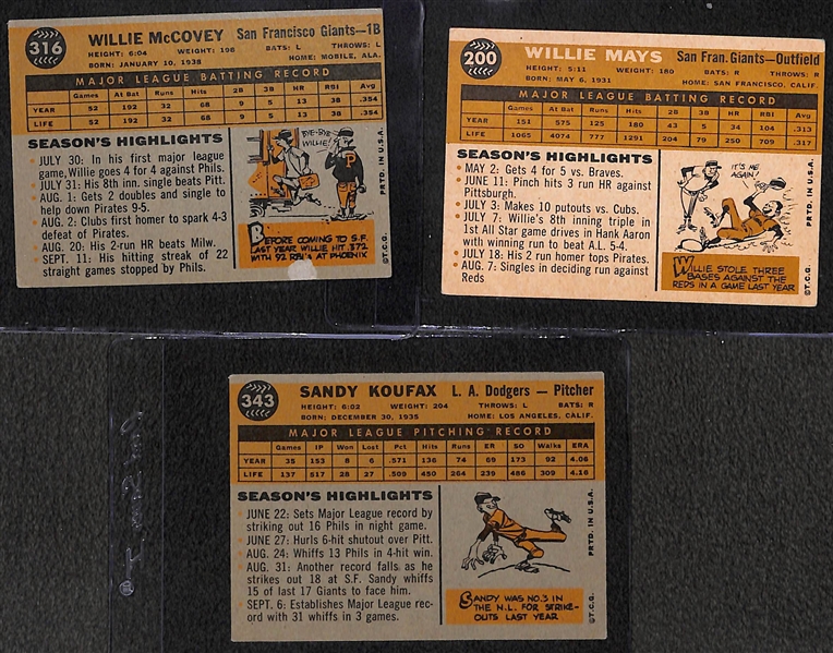 Lot of (3) 1960 Topps Cards (McCovey Rookie #316, Mays #200, Koufax #343)