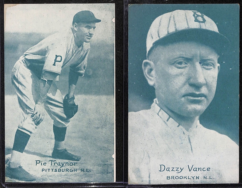 Lot of (2) 1926-1929 Exhibits Baseball Green-Tint Blank Back Postcards - Pie Traynor & Dazzy Vance