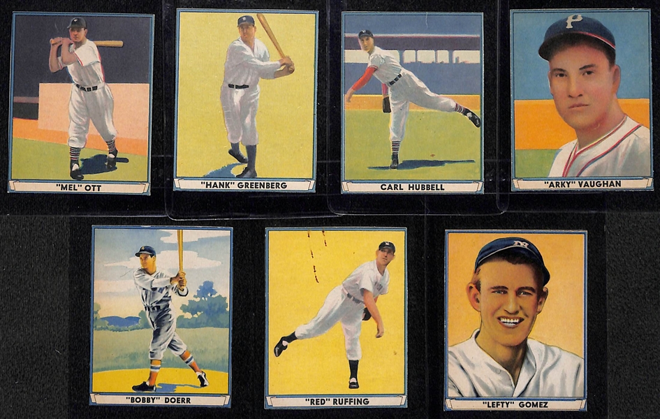Lot of (7) 1941 Play Ball HOFer Authentic/Trimmed Cards w. Ott, Greenberg, Hubbell, Doerr, Gomez, Ruffing, Vaughan