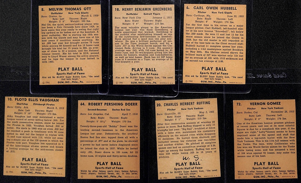 Lot of (7) 1941 Play Ball HOFer Authentic/Trimmed Cards w. Ott, Greenberg, Hubbell, Doerr, Gomez, Ruffing, Vaughan