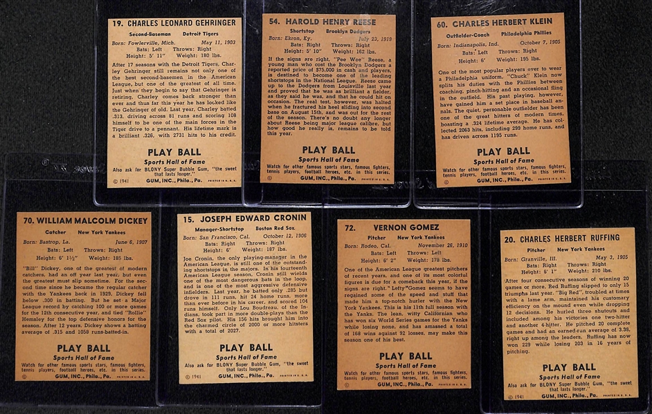 Lot of (7) 1941 Play Ball HOFer Authentic/Trimmed Cards w. Gehringer, Reese, Klein, Dickey, Cronin, Gomez, Ruffing