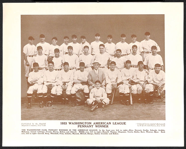 (7) c1930s M113 and/or M114 Baseball Magazine Washington Senators Supplement Photos (w. Original Mailing Envelope) Inc. 1933 Team