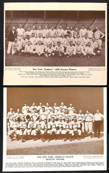 (10) M113 and/or M114 Baseball Magazine Yankees Trimmed Supplement Photos Inc. Team Photos from 1926 1936, 1943, & 1947