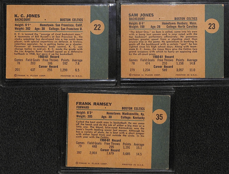 Lot of (3) 1961 Fleer Basketball Cards (KC Jones #22, Sam Jones #23, Frank Ramsey #35)