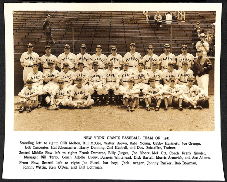1941 New York Giants 8x10 Team Photo w. Ott, Hubbell, Terry
