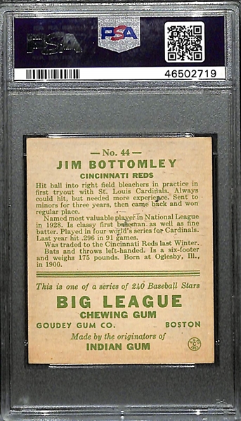 Signed 1933 Goudey Jim Bottomley (HOF) #44 Graded PSA 6 (Auto Grade 7) w. Uncle Jimmy Collection, d. 1959