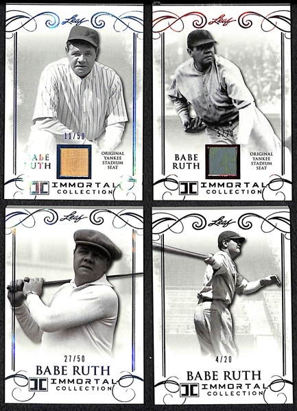 Lot of (4) 2017 Babe Ruth Immortal Collection Cards - Blue Yankees Stadium Seat, Red Yankees Stadium Seat, Blue Base Card, & Red Base Card