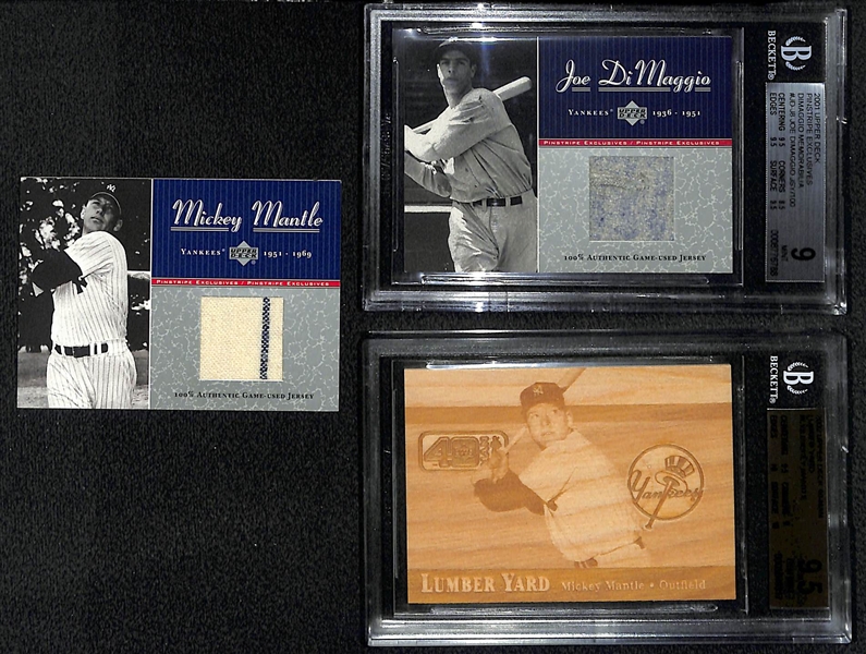 Lot of (3) New York Yankees Hall Of Fame Cards - Mickey Mantle Pinstripe Jersey, Joe DiMaggio Jersey BGS 9 & Mickey Mantle Lumber Yard BGS 9.5