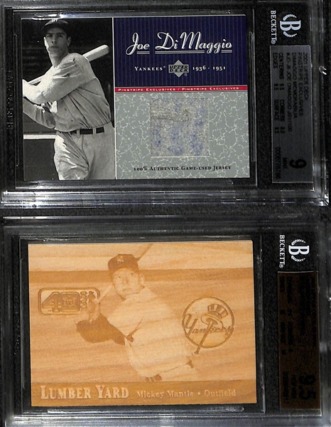 Lot of (3) New York Yankees Hall Of Fame Cards - Mickey Mantle Pinstripe Jersey, Joe DiMaggio Jersey BGS 9 & Mickey Mantle Lumber Yard BGS 9.5