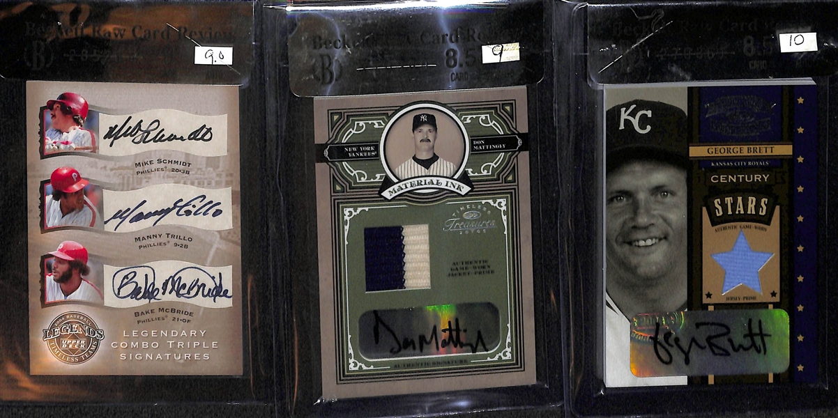Lot of (3) BGS Graded Hall of Fame Jersey/Patch Autograph Cards - Mike Schmidt, George Brett, & Don Mattingly
