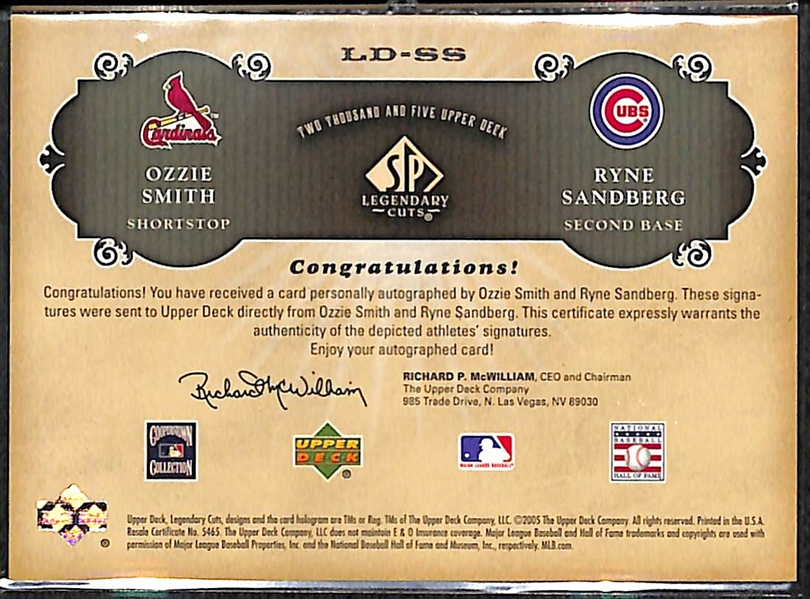 2005 SP Legendary Cuts Ozzie Smith/Ryne Sandberg Dual Autograph Card #11/25