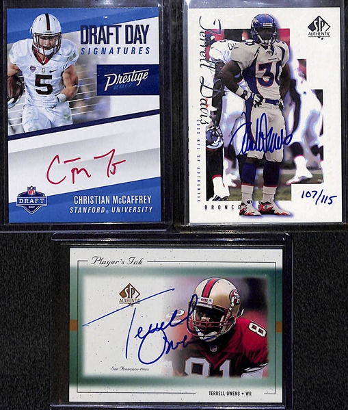 Lot of (3) NFL Superstar Autograph Cards w. Christian McCaffrey, Terell Davis, & Terrell Owens
