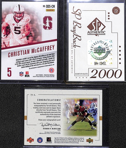 Lot of (3) NFL Superstar Autograph Cards w. Christian McCaffrey, Terell Davis, & Terrell Owens