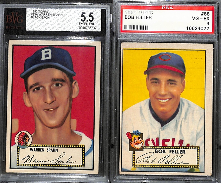 Lot of (2) 1952 Topps Baseball Hall of Fame Graded Cards w. Warren Spahn & Bob Feller