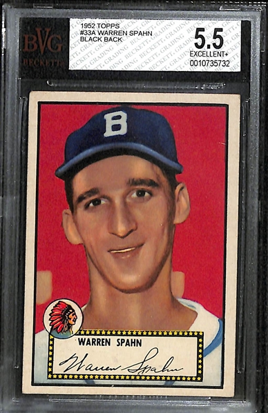 Lot of (2) 1952 Topps Baseball Hall of Fame Graded Cards w. Warren Spahn & Bob Feller