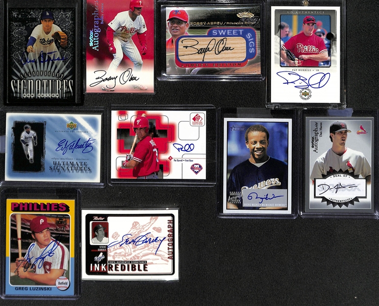 Lot of (65) Certified Baseball Autograph Cards w. Sutton, Martinez, Abrue & Burrell