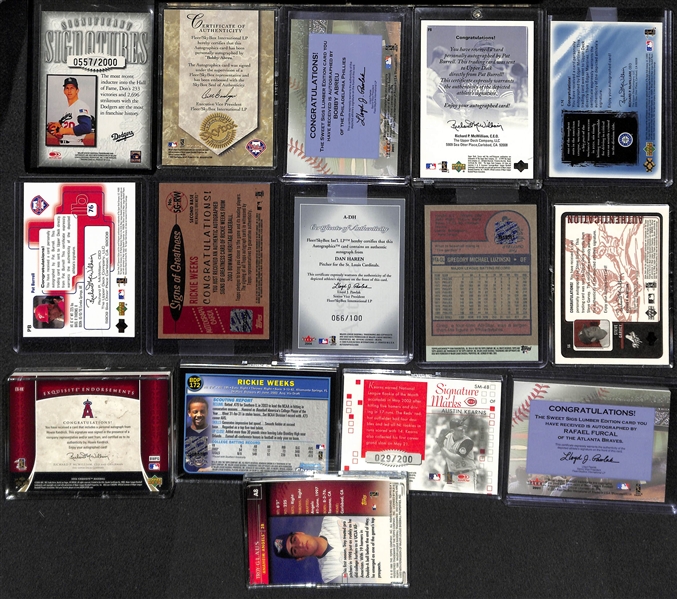 Lot of (65) Certified Baseball Autograph Cards w. Sutton, Martinez, Abrue & Burrell