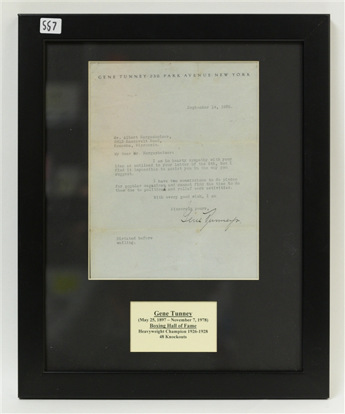 Gene Tunny Framed Signed Letter w/Plaque 16x13 - JSA