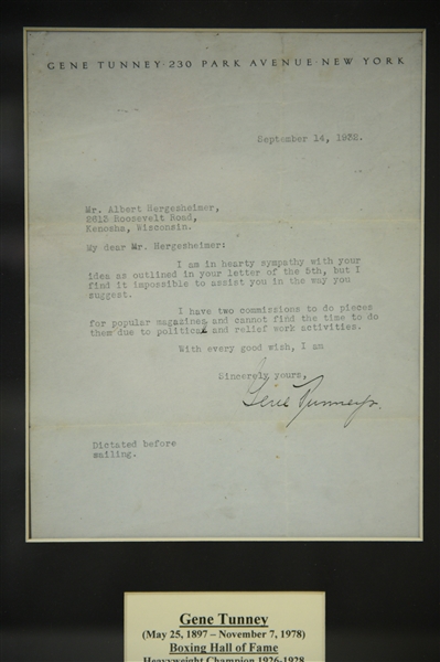 Gene Tunny Framed Signed Letter w/Plaque 16x13 - JSA