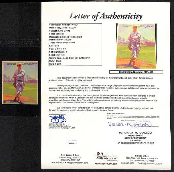 Signed 1933 Goudey Lefty Grove (HOF) #220 - Includes JSA Letter of Authenticity