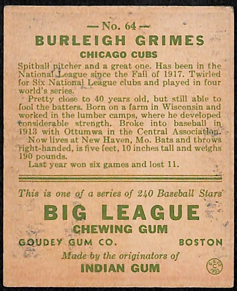 Signed 1933 Goudey Burleigh Grimes (HOF) #64 - Includes JSA Letter of Authenticity