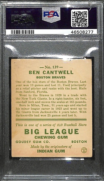 Signed 1933 Goudey Ben Cantwell #139 Graded PSA 2.5 (Auto Grade 8) w. Uncle Jimmy Collection, d. 1962
