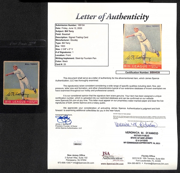 Signed 1933 Goudey Bill Terry (HOF) #20- Includes JSA Letter of Authenticity