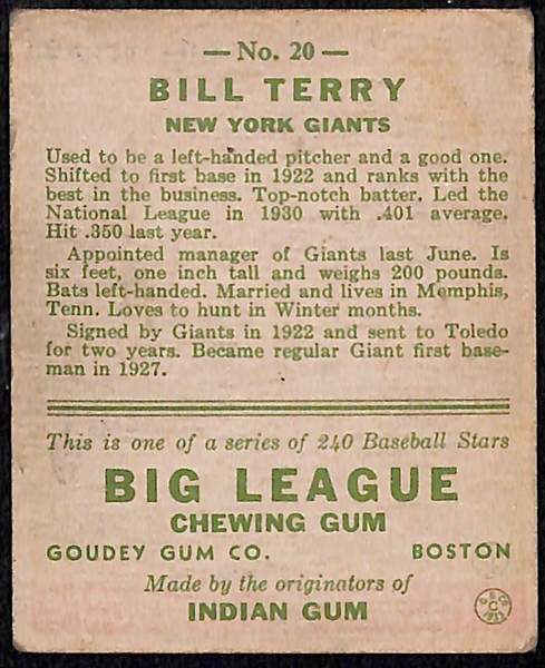 Signed 1933 Goudey Bill Terry (HOF) #20- Includes JSA Letter of Authenticity
