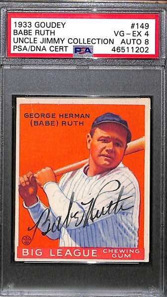 Signed 1933 Goudey Babe Ruth (HOF) #149 Graded PSA 4 (Auto Grade 8) w. Uncle Jimmy Collection, d. 1948