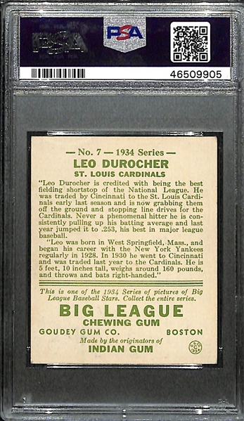 Signed 1934 Goudey Leo Durocher (HOF) #7 Graded PSA 4 (Auto Grade 8) w. Uncle Jimmy Collection, d. 1991