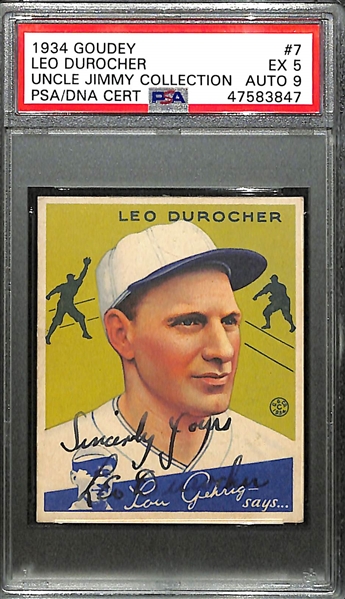 Signed 1934 Goudey Leo Durocher (HOF) #7 Graded PSA 5 (Auto Grade 9) w. Uncle Jimmy Collection, d. 1991