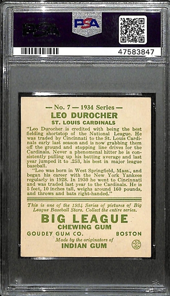 Signed 1934 Goudey Leo Durocher (HOF) #7 Graded PSA 5 (Auto Grade 9) w. Uncle Jimmy Collection, d. 1991