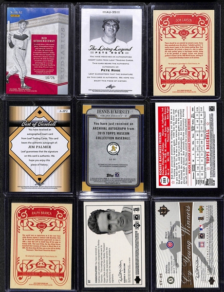 (9) Autographed Baseball Cards: Schoendienst, Rose, Larsen, Palmer, Eckersley, Friend, Branca, Thomson, Sutter/Eckersley