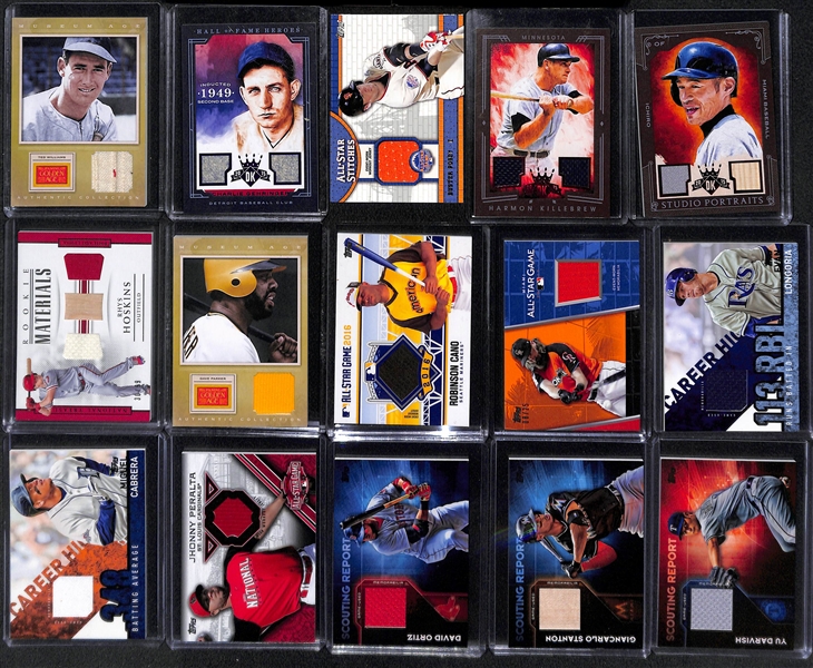 (38) Baseball Relic Cards w. Ted WIlliams, C. Gehringer, Killebrew, Ichiro,+ 
