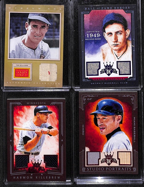 (38) Baseball Relic Cards w. Ted WIlliams, C. Gehringer, Killebrew, Ichiro,+ 