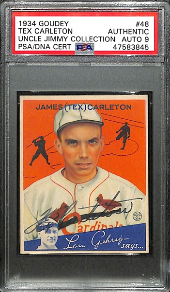 Signed 1934 Goudey Tex Carleton #48 Graded PSA Authentic (Auto Grade 9) w. Uncle Jimmy Collection, d. 1977