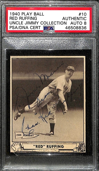 Signed 1940 Play Ball Red Ruffing (HOF) #10 Graded PSA Authentic (Auto Grade 8) w. Uncle Jimmy Collection, d. 1986