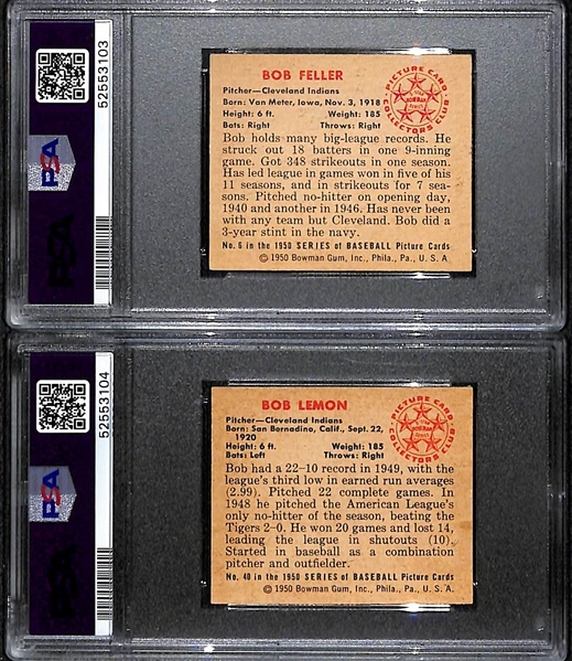 Lot of (2) 1950 Bowman Baseball Cards - Bob Feller #6 (PSA 4.5) & Bob Lemon #40 (PSA 5)