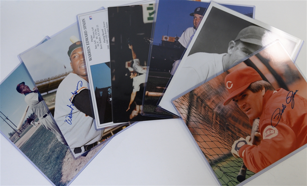 Lot of (7) Signed Baseball 8x10s - E. Banks, McCovey, Hubbell, P. Rose, Hirschbeck, Spahn, Wert - Includes JSA auction LOA