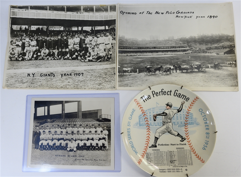 1956 World Series Perfect Game Plate Featuring Don Larsen and (3) Vintage Team Stadium Photos