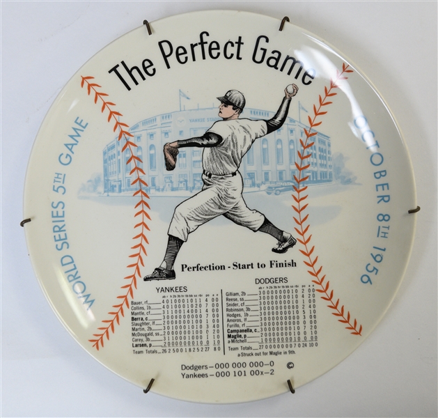 1956 World Series Perfect Game Plate Featuring Don Larsen and (3) Vintage Team Stadium Photos
