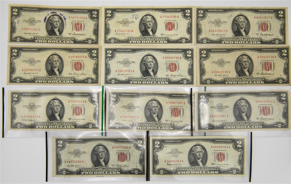 Collection of (42) Circulated $2 Bills 1953-1976 & (4) 1957 Silver Certificate $1 Bills From the Uncle Jimmy Collection